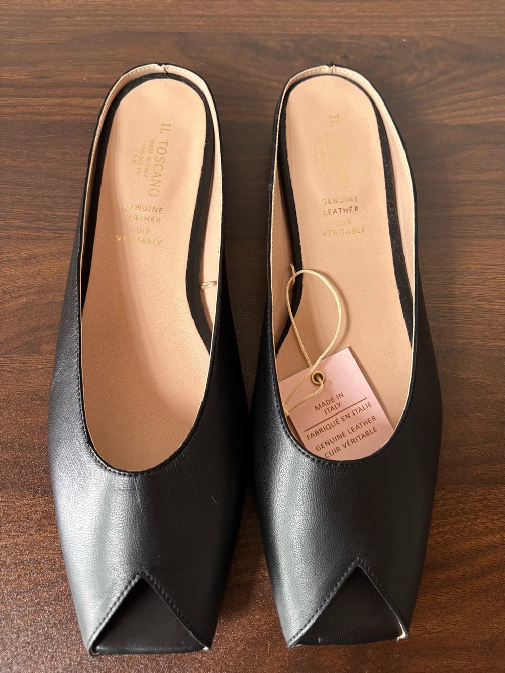 I’ll Toscano Black Genuine Leather Peep Toe Mule Flats SZ 9.5 NWT